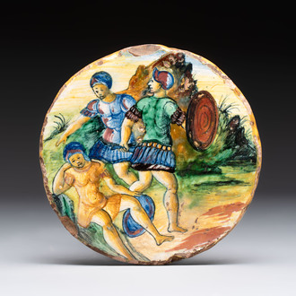 A rare indistinctly signed and dated lustre-glazed Italian maiolica plaque, workshop of Maestro Giorgio Andreoli, Gubbio, 1st half 16th C.