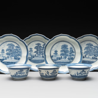 Three Japanese Arita blue and white 'van Frytom' cups and four saucers, Chenghua mark, Edo, ca. 1700