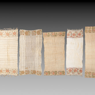 Five Ottoman gold and silver thread embroidered linen towels with floral design, 19th C.