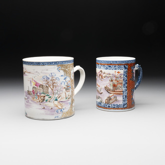 Two Chinese famille rose Canton export boat scene mugs, Qianlong