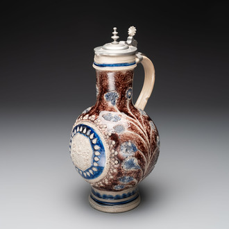 A Westerwald pewter-mounted stoneware jug, Germany, dated 1685