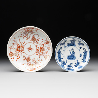 A Chinese gilt iron-red saucer and a blue and white saucer, Johanneum marks, ex-collection of August the Strong, Kangxi