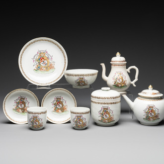 A Chinese famille rose armorial nine-piece service with the arms of Alexandre Lamotte-Baracé, Qianlong, ca. 1786-1789