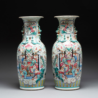 A pair of Chinese famille rose vases with narrative design, 19th C.