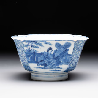A Chinese blue and white square bowl with ladies in a garden, Kangxi mark and of the period