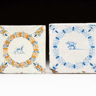 A polychrome and a blue and white Dutch Delft tile with an animal in an aigrette border, Haarlem, early 17th C.
