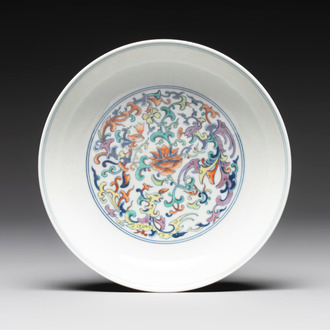 A Chinese doucai 'phoenix and lotus scroll' plate, Qianlong mark and of the period