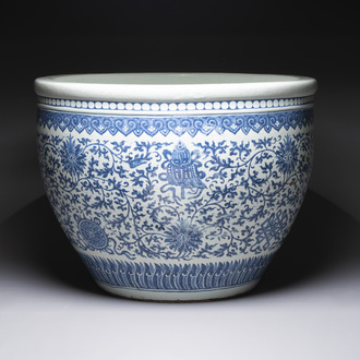 A massive Chinese blue and white 'Bajixiang' fish bowl, Qianlong