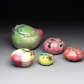 A collection of five Chinese famille rose peaches and pumpkins, including a box and cover, 19th C.