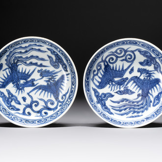 A pair of Chinese blue and white 'phoenix' plates, Wanli mark and of the period