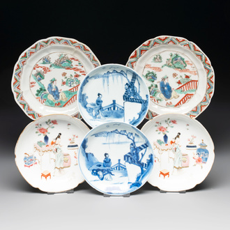 Three pairs of Chinese blue and white, famille rose and wucai saucers and plates, Tianqi and later