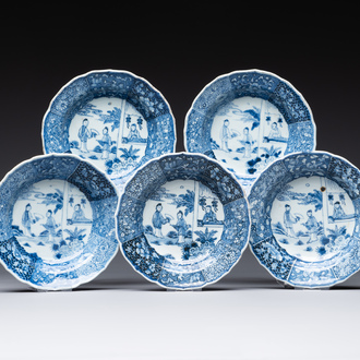 Five Chinese blue and white 'Xi Xiang Ji' plates, Qianlong