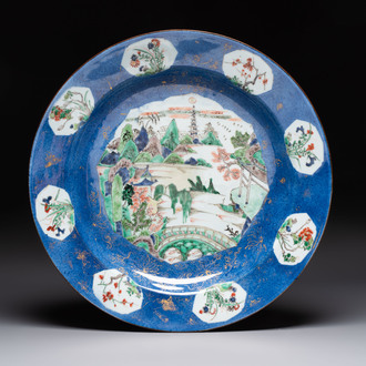 A Chinese famille verte powder-blue-ground 'landscape' dish, Kangxi