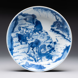 A Chinese blue and white 'Yu Ma Tu 浴馬圖' plate, Kangxi mark and of the period