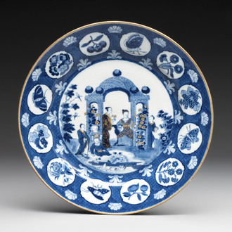 A rare Chinese blue and white 'arbour' dish after Cornelis Pronk, Qianlong, ca. 1740
