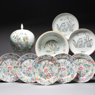 Nine Chinese famille rose and qianjiang cai wares, 19/20th C.
