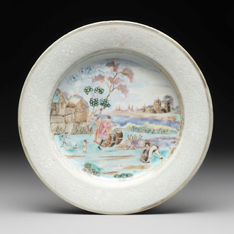 A Chinese famille rose bianco-sopra-bianco 'Peter The Great in Zaandam' plate, Qianlong
