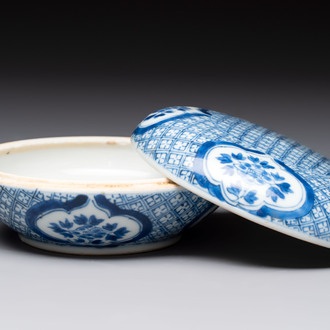 A Chinese blue and white box and cover with floral design, artemisia leaf mark, Kangxi