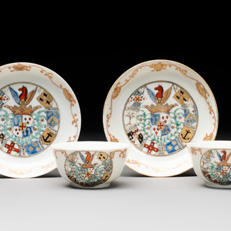 A pair of Chinese armorial cups and saucers with the arms of 'Van Reverhorst' for the Dutch market, Qianlong, ca. 1745