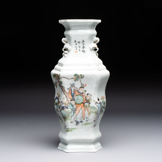 A Chinese qianjiang cai 'Wu Zi Deng Ke 五子登科' hexagonal vase, Republic, dated 1915