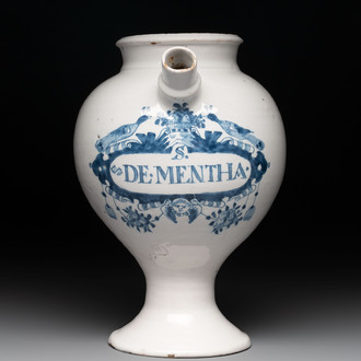 A blue and white Dutch Delft wet drug or syrup jar inscribed 'S. DE MENTHA', early 18th C.