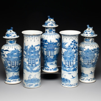 A Chinese blue and white garniture of five vases with landscape design, 19th C.
