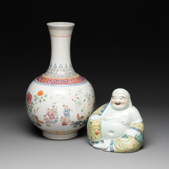 A Chinese famille rose 'boys and roosters' vase and a Milefo Buddha, 19/20th C.