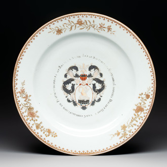 A large Chinese gilt-decorated armorial dish with the arms of Harmannus Laurents Discher for the Batavian market, Qianlong, dated 1749
