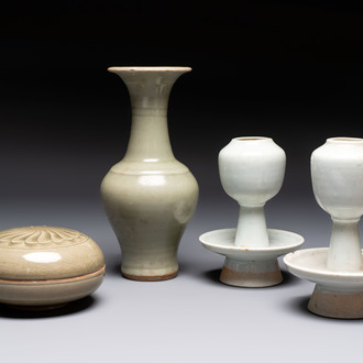 A pair of white-glazed oil lamps, a Longquan celadon vase and Yaozhou celadon box and cover, Ming/Qing