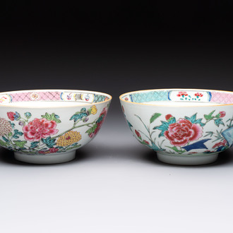 Two Chinese famille rose bowls with flowers and geese, Qianlong