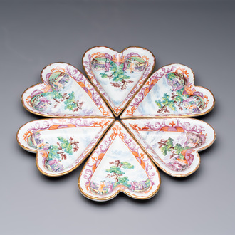 A rare polychrome Dutch Delft petit feu six-piece sweetmeat set, 18th C.