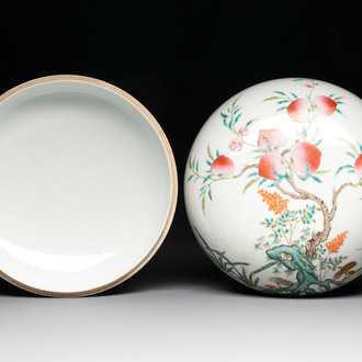 A fine Chinese famille rose 'eight peaches' box and cover, Qianlong mark, Republic