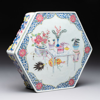 A Chinese famille rose hexagonal stand with antiquities, Yongzheng/Qianlong