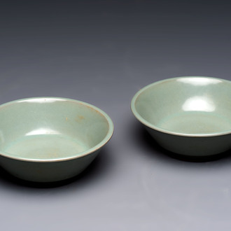 A pair of Chinese Longquan celadon saucers, Song/Yuan