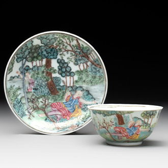 A Chinese famille rose 'Procris and Cephales' cup and saucer, Qianlong