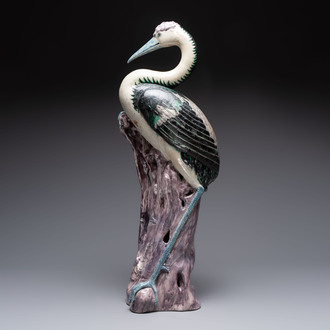 A rare and large Chinese polychrome-glazed crane on a rock, 18/19th C.