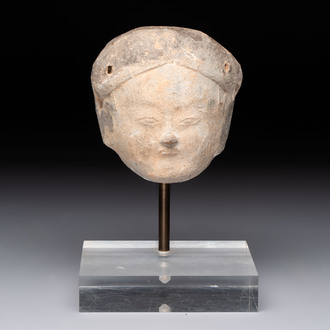 A Chinese cold painted terracotta head of a lady, Han