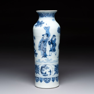 A blue and white Dutch Delft chinoiserie rouleau vase, 17th C.
