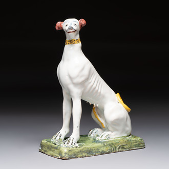 A polychrome Brussels faience greyhound, 18th C.