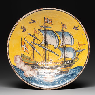An Italian maiolica dish with a Danish ship, 19th C.