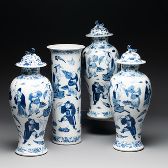 A Chinese blue and white garniture of four vases with figural design, Kangxi mark, 19th C.