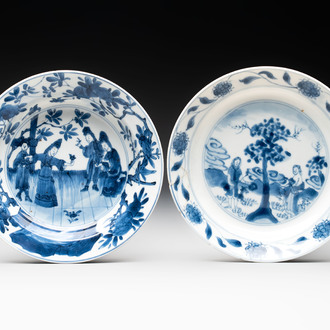 A Chinese blue and white 'Sense of Smell' plate and an 'Amorous Shepherds' plate, Kangxi