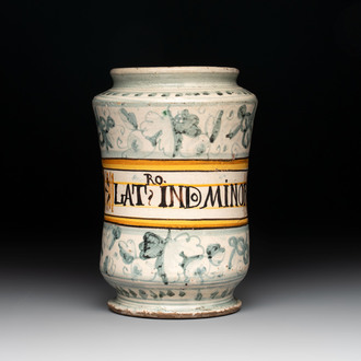 A polychrome Italian albarello inscribed 'RO. LAT: IND. MINOR', Montelupo, 17th C.