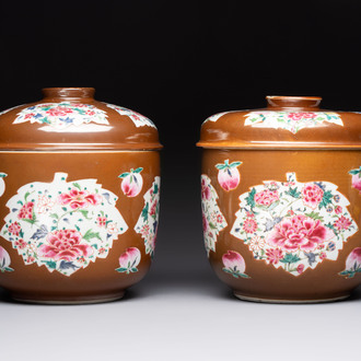 Two large Chinese famille rose capucin-ground covered bowls, Qianlong