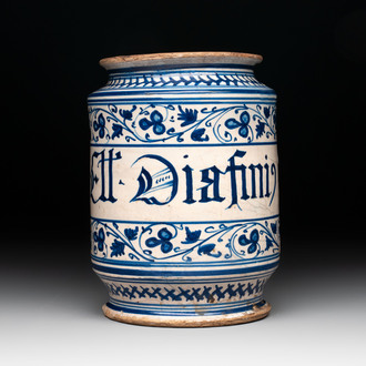 A blue and white Italian albarello, Faenza, 2nd half 16th C.