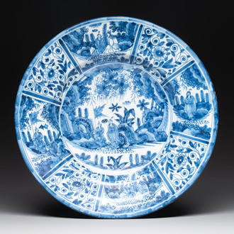 A blue and white Dutch Delft chinoiserie dish, 17th C.