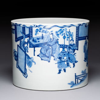 A large Chinese blue and white 'Li Jing Qu Qi 李靖娶妻' brush pot, 19th C.