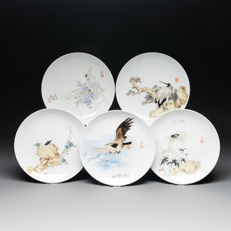 Five Chinese polychrome plates, signed Zou Furen 邹甫仁, dated 1989