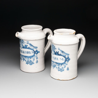 A rare pair of blue and white Dutch Delft albarello-shaped wet drug jars, early 18th C.