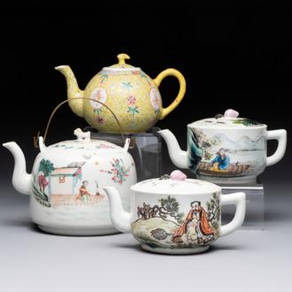 Four Chinese famille rose teapots, Luo Yong Sheng Hao 罗永盛号 mark, 20th C.